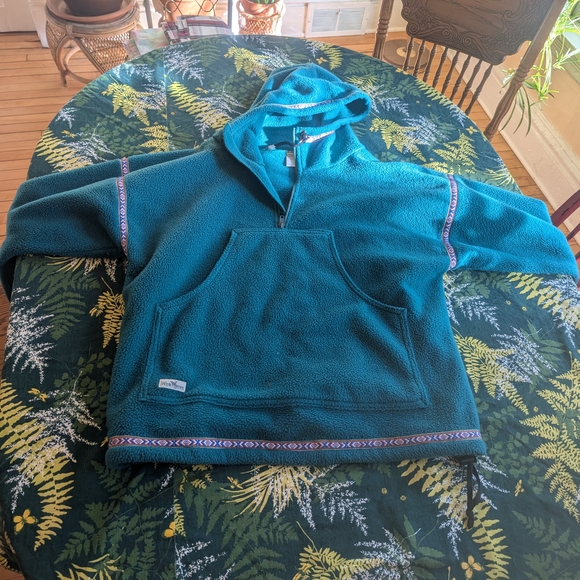 Teal Hooded Fleece Pullover With Southwest Decorative Pattern - Picture 2 of 4